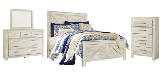 Bellaby Crossbuck Panel Bed With Mirrored Dresser And Chest