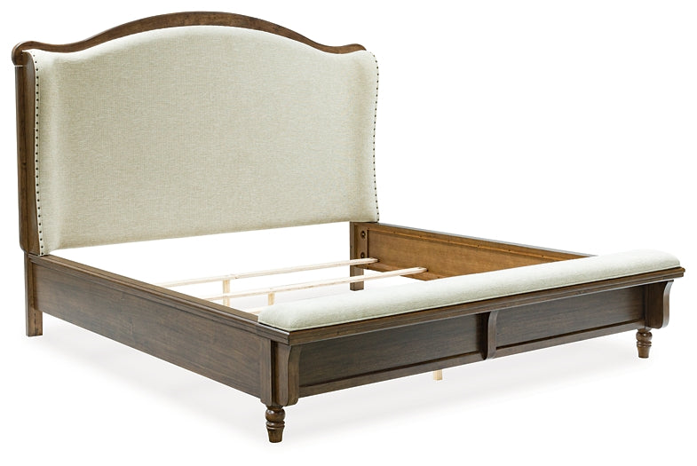 Sturlayne King Upholstered Panel Bed with Mirrored Dresser, Chest and Nightstand