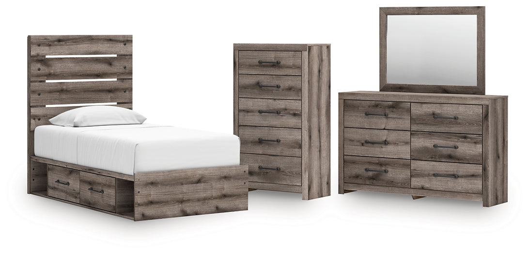 Graystorm Twin Panel Storage Bed with Mirrored Dresser and Chest