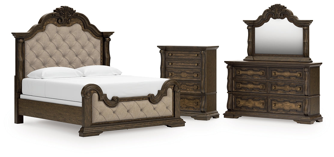 Maylee King Upholstered Bed with Mirrored Dresser and Chest