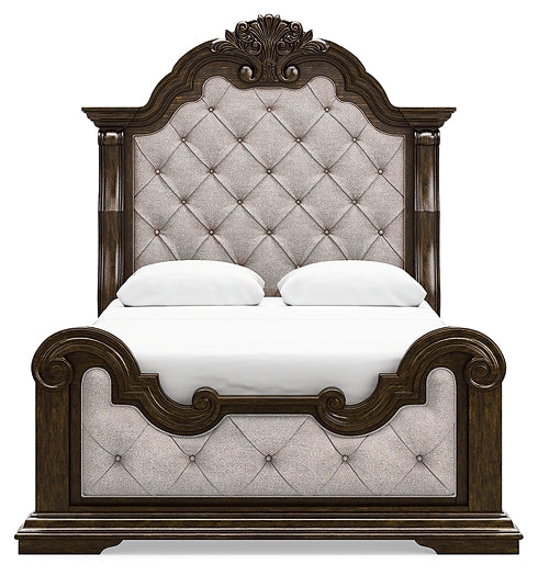 Maylee Queen Upholstered Bed with Mirrored Dresser and Chest