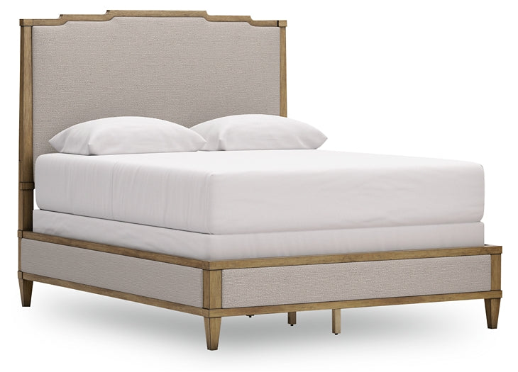 Sharlance Queen Upholstered Panel Bed with Mirrored Dresser and Chest