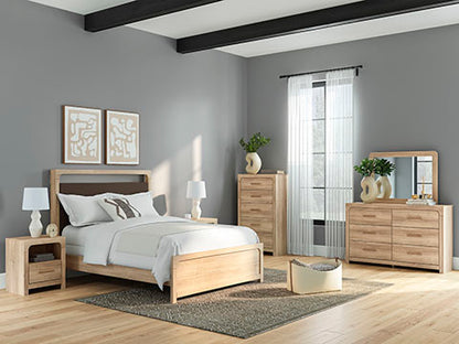 Hollymount Queen Upholstered Panel Bed, Dresser and Mirror