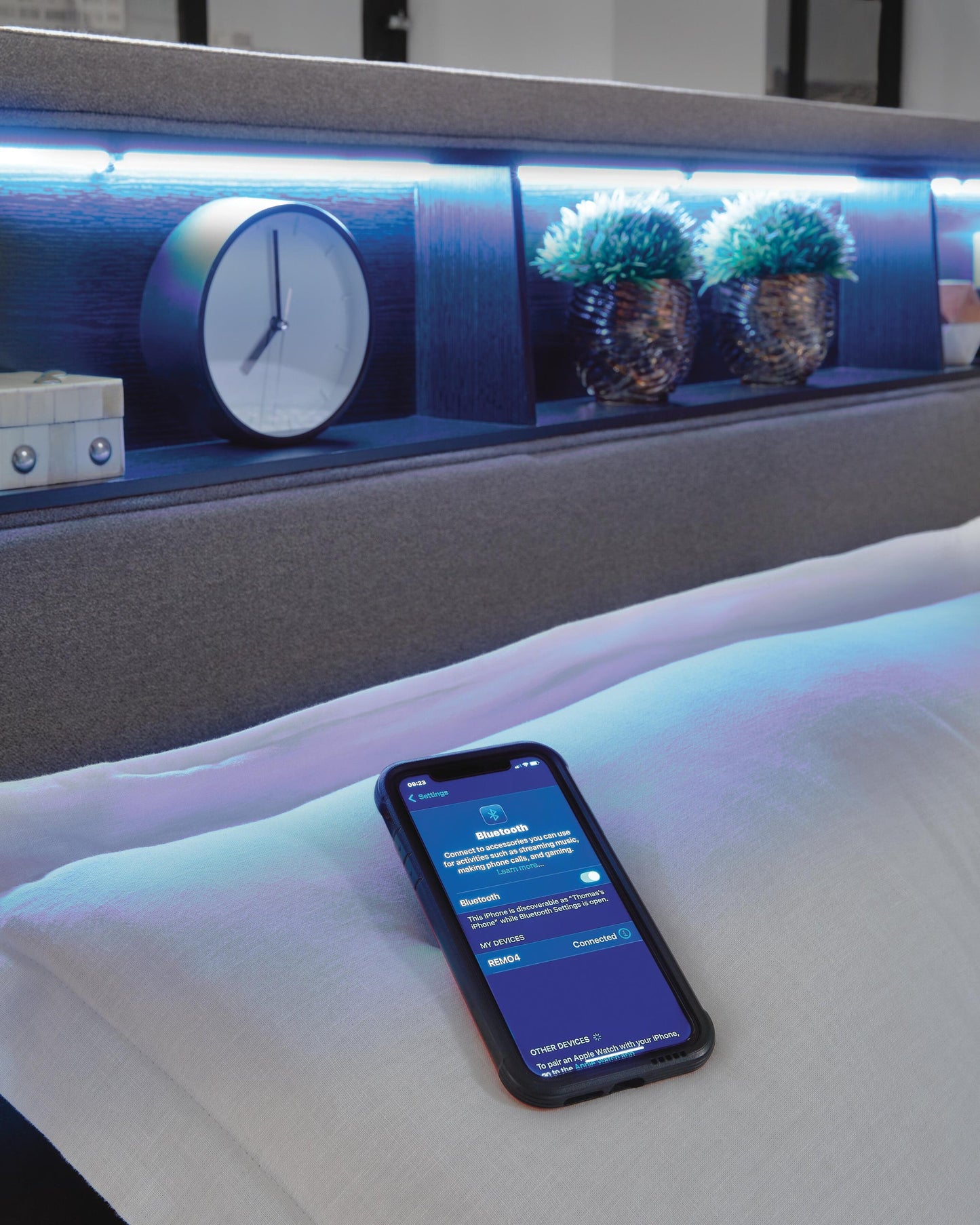 Finigale California King Upholstered Bed with Wireless Audio