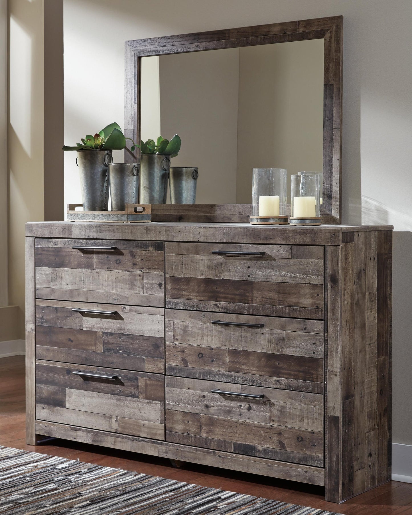Derekson Full Panel Headboard Bed with Mirrored Dresser