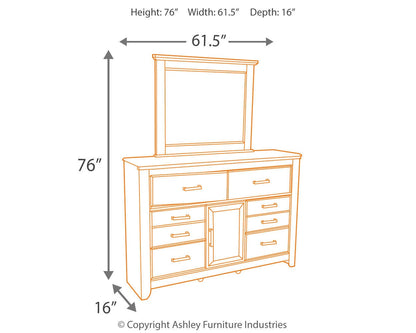 Juararo King/California King Panel Headboard Bed with Mirrored Dresser, Chest and Nightstand