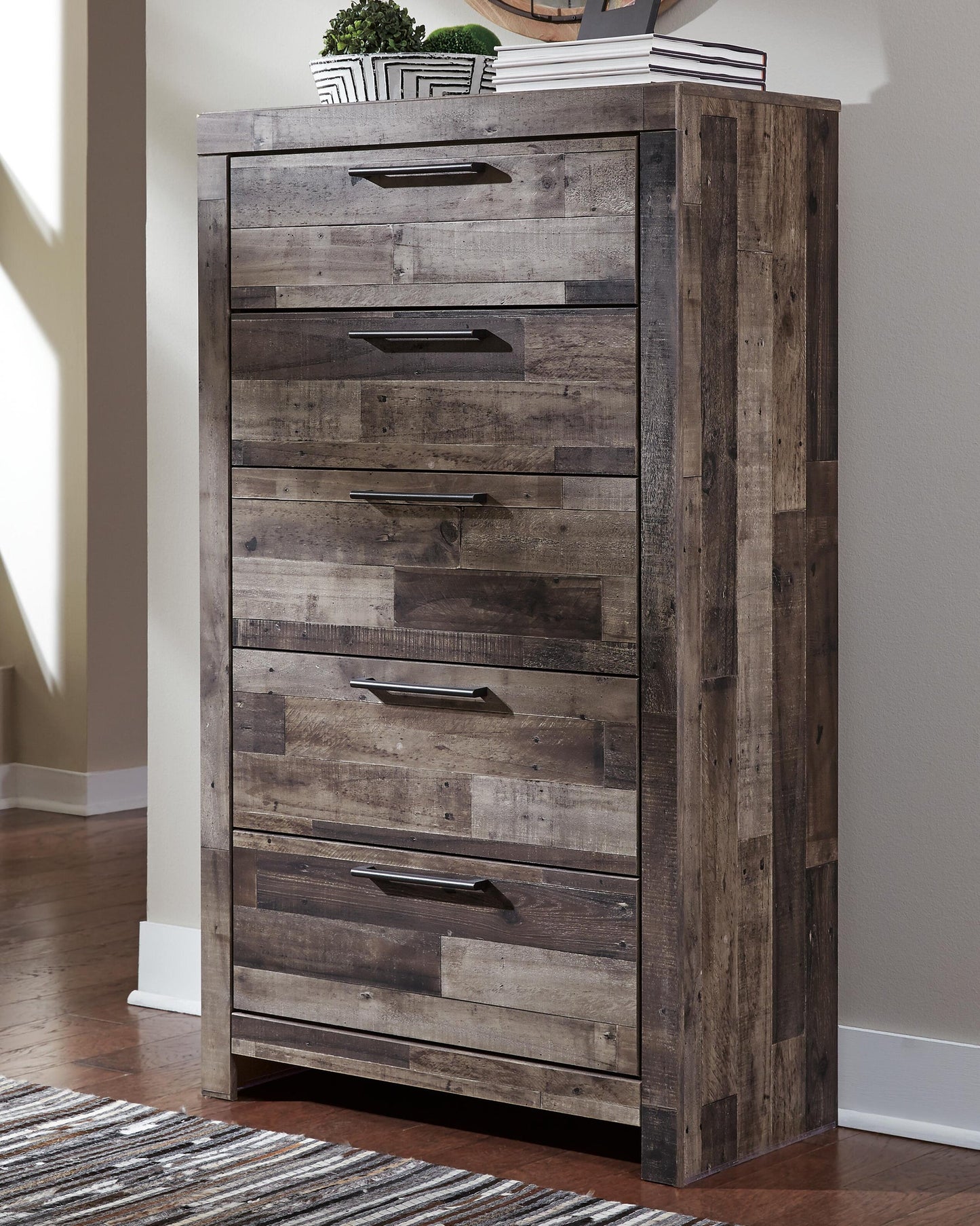 Derekson Full Panel Headboard Bed with Mirrored Dresser, Chest and Nightstand