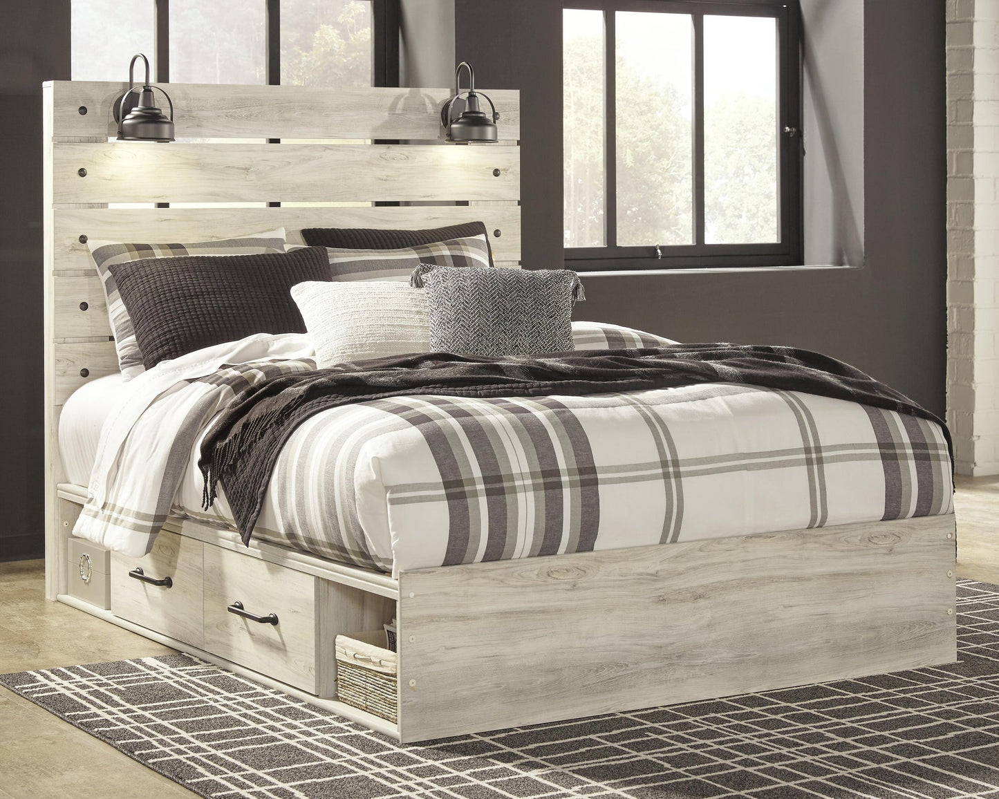 Cambeck Queen Panel Bed with 2 Storage Drawers with Mirrored Dresser and Nightstand