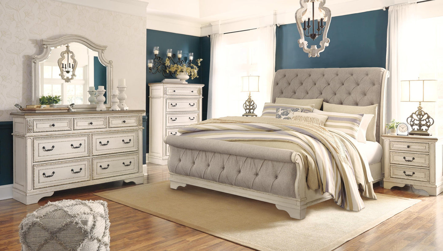 Realyn Queen Sleigh Bed with Mirrored Dresser, Chest and Nightstand