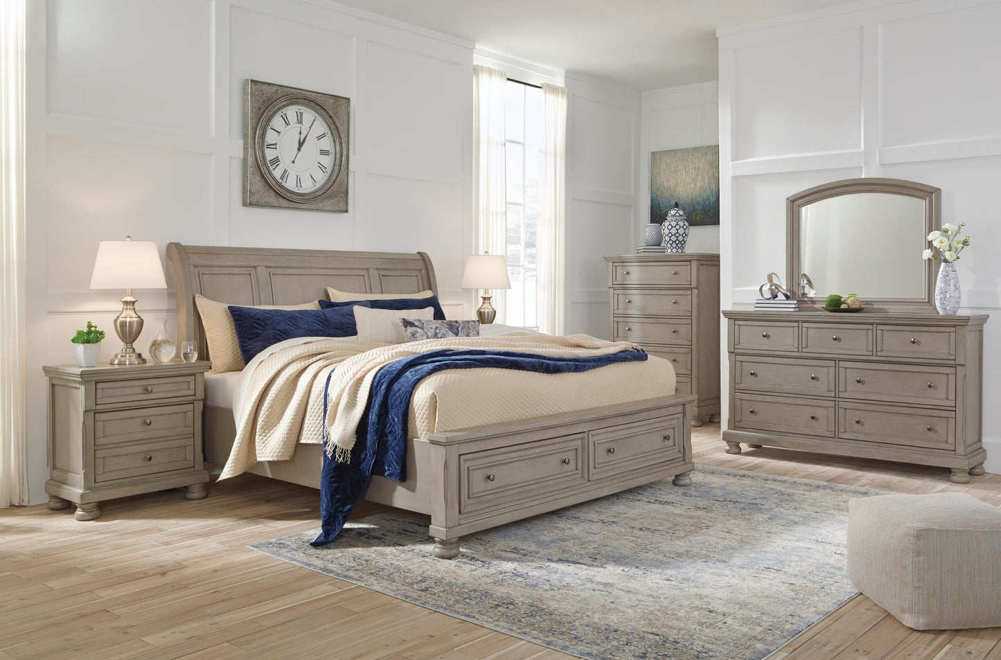 Lettner California King Sleigh Bed with Mirrored Dresser