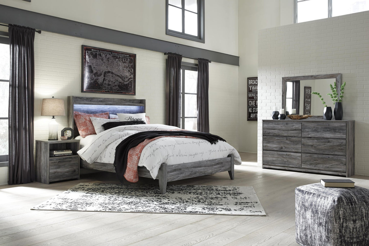 Baystorm Queen Panel Bed with Mirrored Dresser and Nightstand