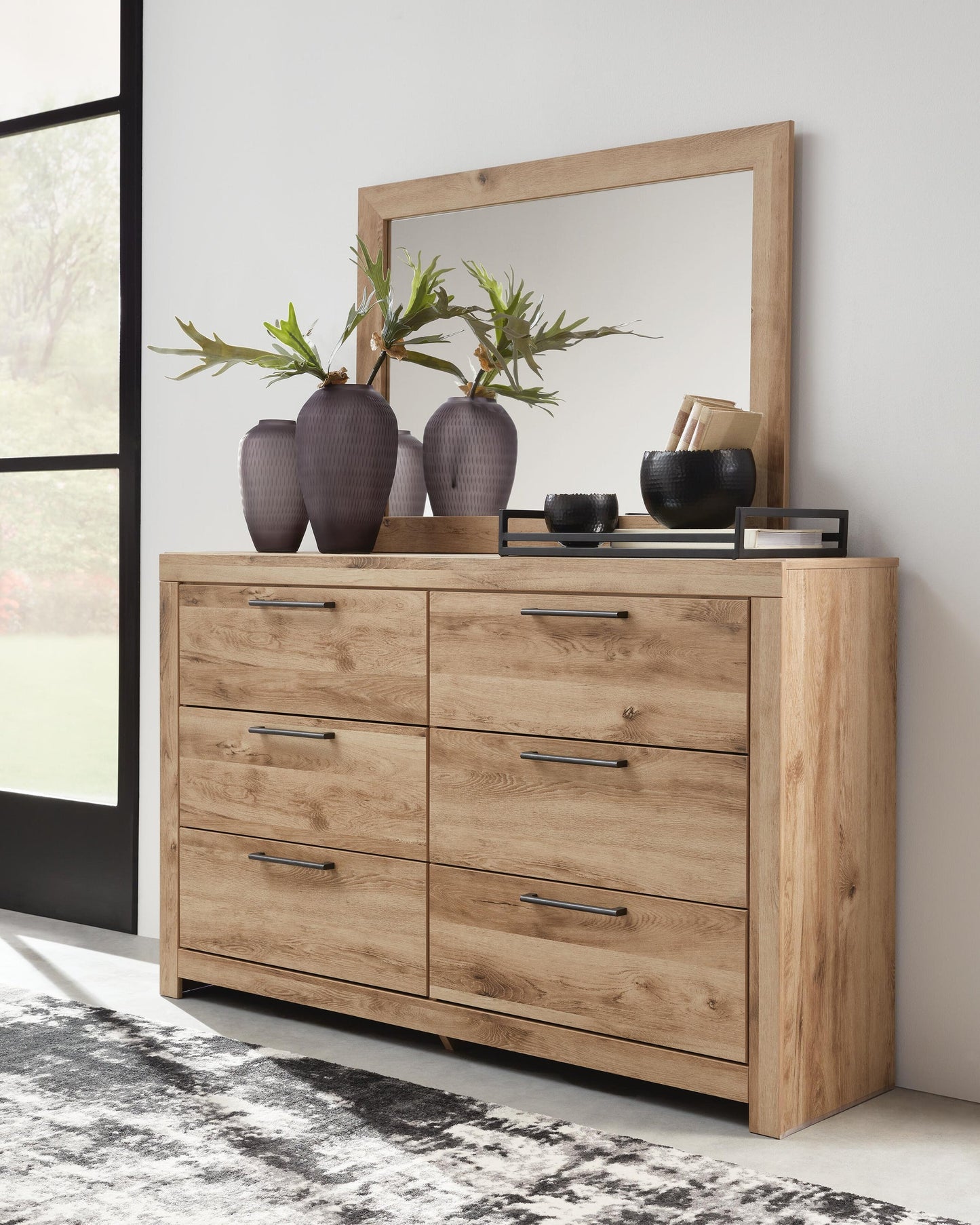 Hyanna King Panel Storage Bed with 2 Under Bed Storage Drawers, Dresser and Mirror