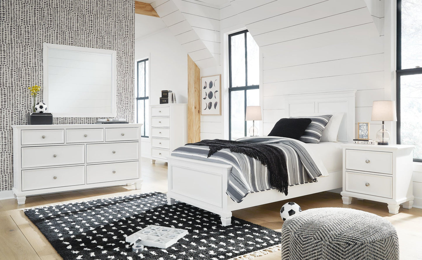 Fortman Twin Panel Bed with Mirrored Dresser and Nightstand