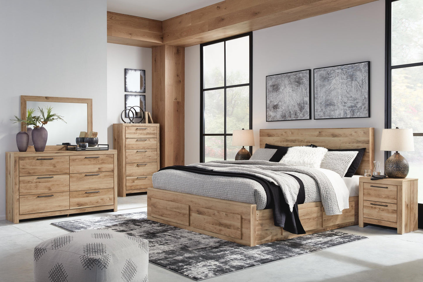 Hyanna Queen Panel Storage Bed with 1 Under Bed Storage Drawer, Dresser, Mirror and Nightstand