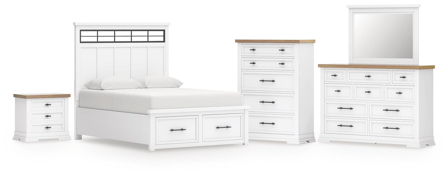Ashbryn King Panel Storage Bed, Dresser, Mirror, Chest and Nightstand