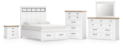 Ashbryn King Panel Storage Bed, Dresser, Mirror, Chest and Nightstand