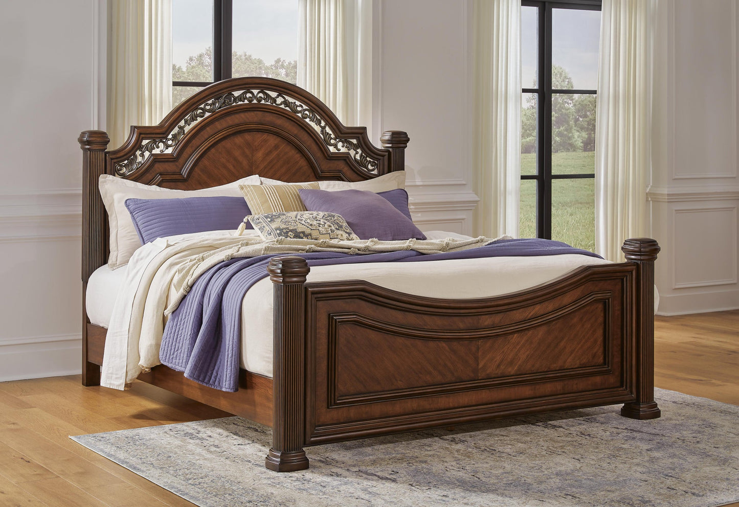 Lavinton California King Poster Bed with Mirrored Dresser and Nightstand