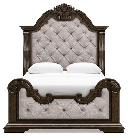 Maylee Queen Upholstered Bed, Dresser, Mirror, Chest and Nightstand