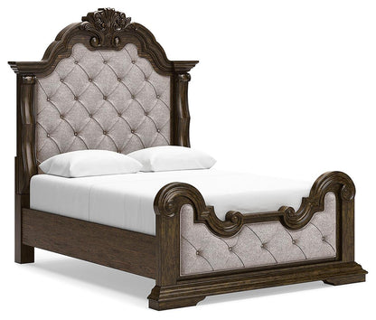 Maylee Queen Upholstered Bed, Dresser, Mirror, Chest and Nightstand