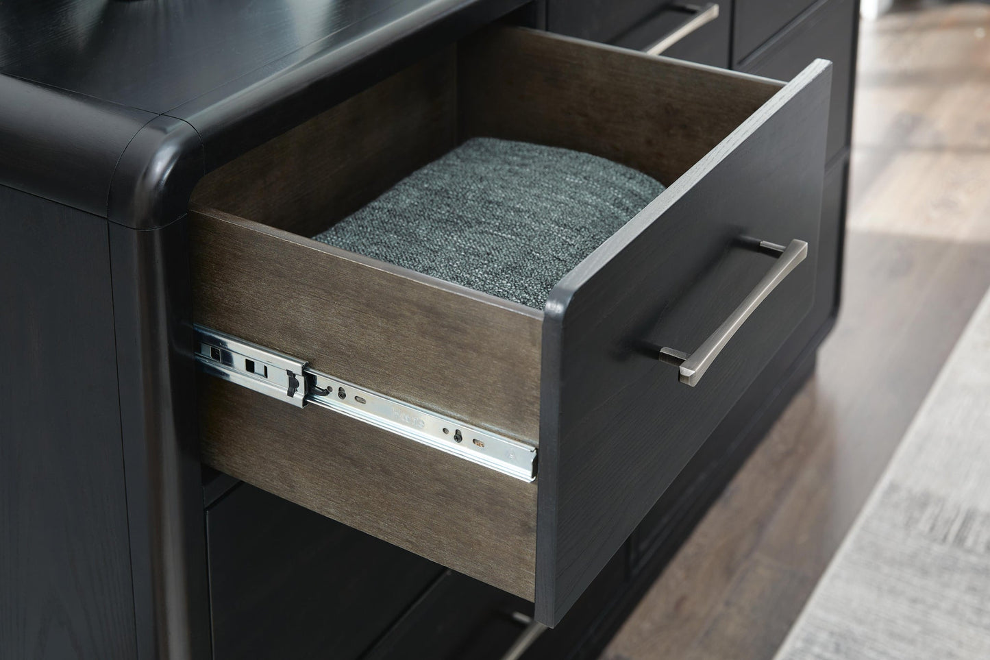 Rowanbeck Queen Upholstered Panel Bed with Mirrored Dresser, Chest and Nightstand