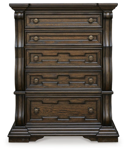 Maylee California King Upholstered Bed, Dresser, Mirror, Chest and Nightstand