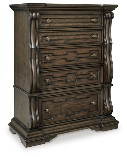 Maylee California King Upholstered Bed, Dresser, Mirror, Chest and Nightstand