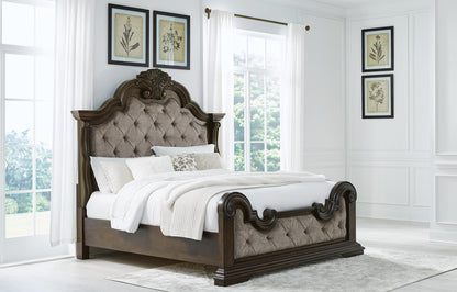 Maylee King Upholstered Bed with Mirrored Dresser and Nightstand