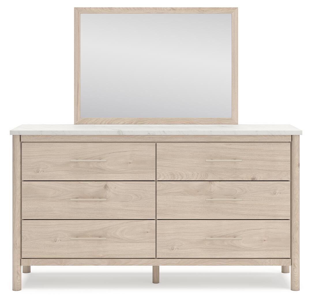 Cadmori Queen Upholstered Panel Bed with Mirrored Dresser