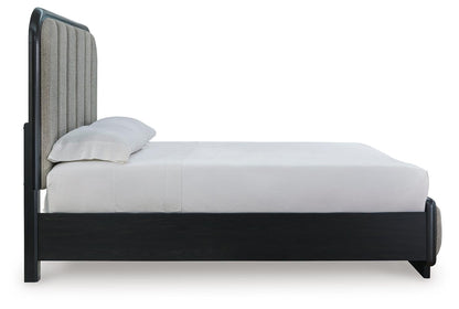 Rowanbeck Queen Upholstered Panel Bed with Mirrored Dresser