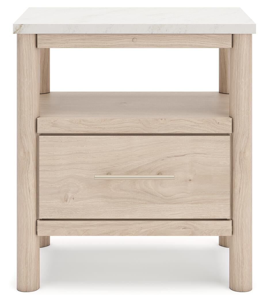 Cadmori Queen Upholstered Panel Bed with Mirrored Dresser and Nightstand