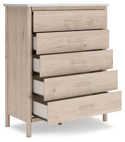 Cadmori Queen Upholstered Panel Bed with Mirrored Dresser, Chest and Nightstand
