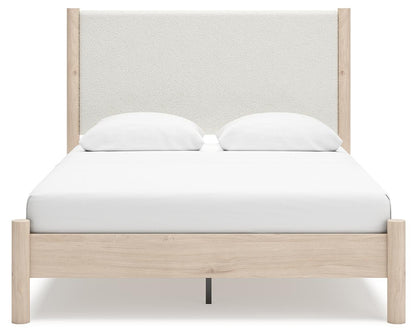 Cadmori Queen Upholstered Panel Bed with Mirrored Dresser, Chest and Nightstand