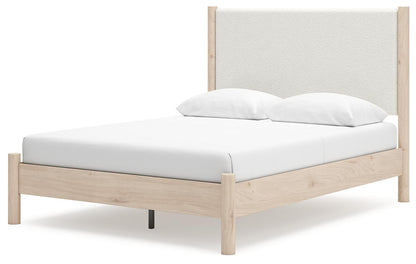 Cadmori Queen Upholstered Panel Bed with Mirrored Dresser, Chest and Nightstand