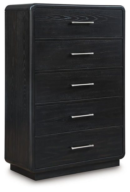Rowanbeck California King Upholstered Panel Bed, Dresser, Mirror, Chest and Nightstand