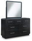 Rowanbeck California King Upholstered Panel Bed, Dresser, Mirror and Nightstand