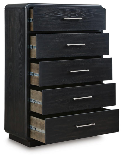 Rowanbeck King Upholstered Panel Bed, Dresser, Mirror, Chest and Nightstand