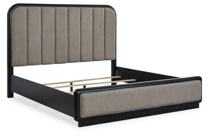 Rowanbeck King Upholstered Panel Bed, Dresser, Mirror, Chest and Nightstand
