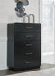Rowanbeck King Upholstered Panel Bed, Dresser, Mirror, Chest and Nightstand