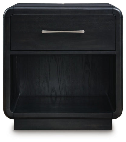 Rowanbeck King Upholstered Panel Bed, Dresser, Mirror and Nightstand