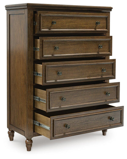 Sturlayne Queen Upholstered Panel Bed, Dresser, Mirror, Chest and Nightstand
