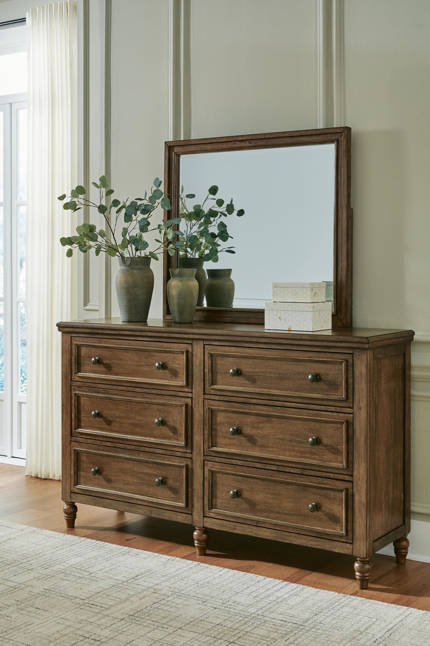 Sturlayne Queen Upholstered Panel Bed, Dresser, Mirror and Nightstand