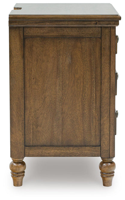 Sturlayne California King Upholstered Panel Bed, Dresser, Mirror, Chest and Nightstand