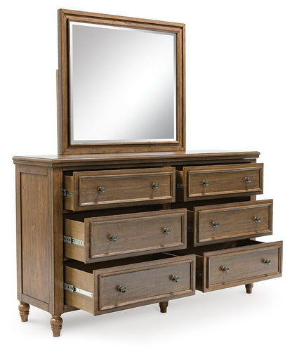 Sturlayne California King Upholstered Panel Bed, Dresser and Mirror
