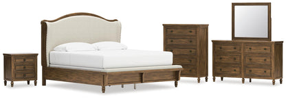Sturlayne King Upholstered Panel Bed, Dresser, Mirror, Chest and Nightstand
