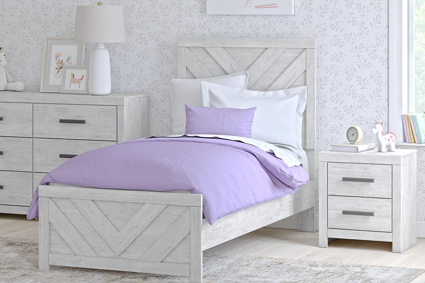 Cayboni Twin Panel Bed with Mirrored Dresser