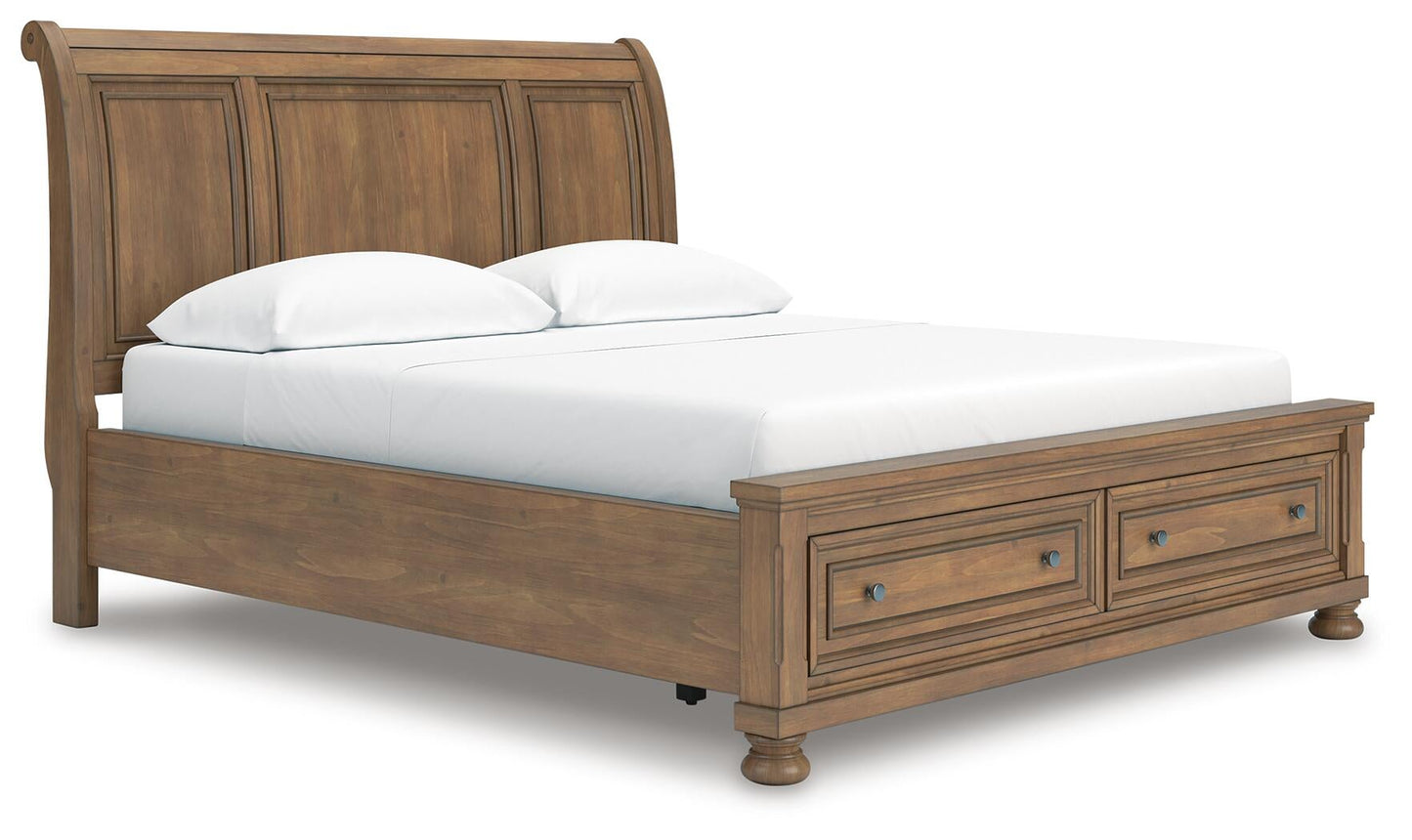 Vandenmore California King Storage Sleigh Bed with Mirrored Dresser and Nightstand