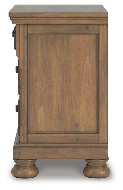 Vandenmore California King Storage Sleigh Bed with Mirrored Dresser and Nightstand