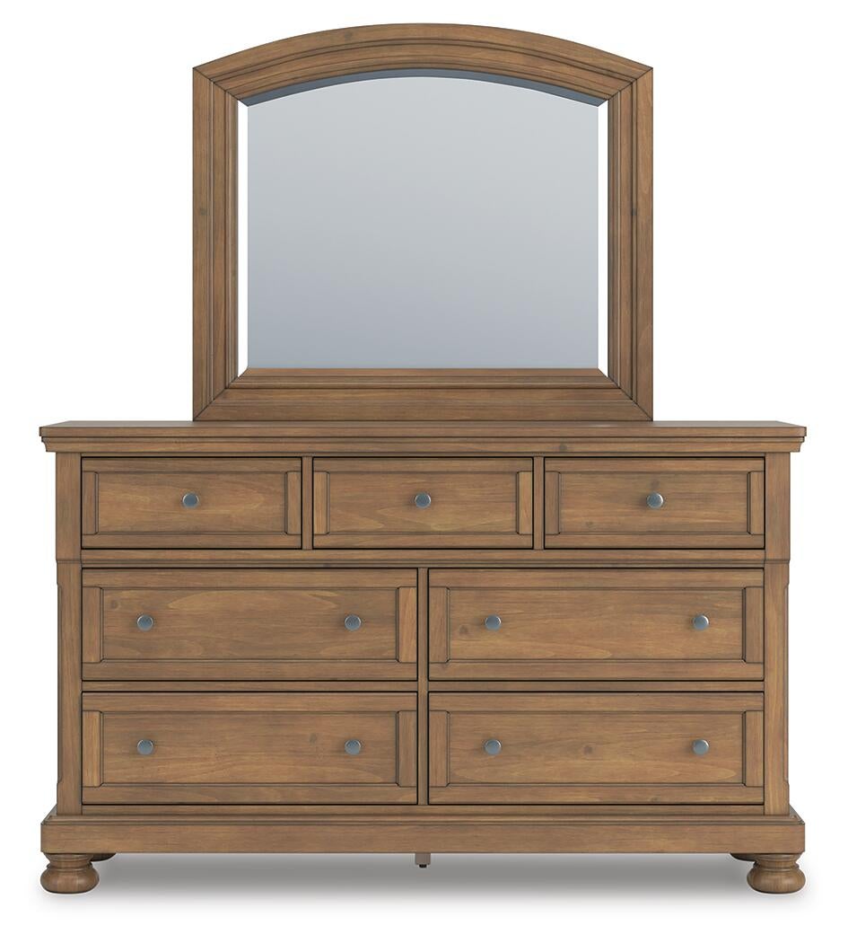 Vandenmore California King Storage Sleigh Bed with Mirrored Dresser, Chest and Nightstand