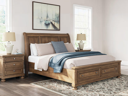 Vandenmore California King Storage Sleigh Bed with Mirrored Dresser, Chest and Nightstand