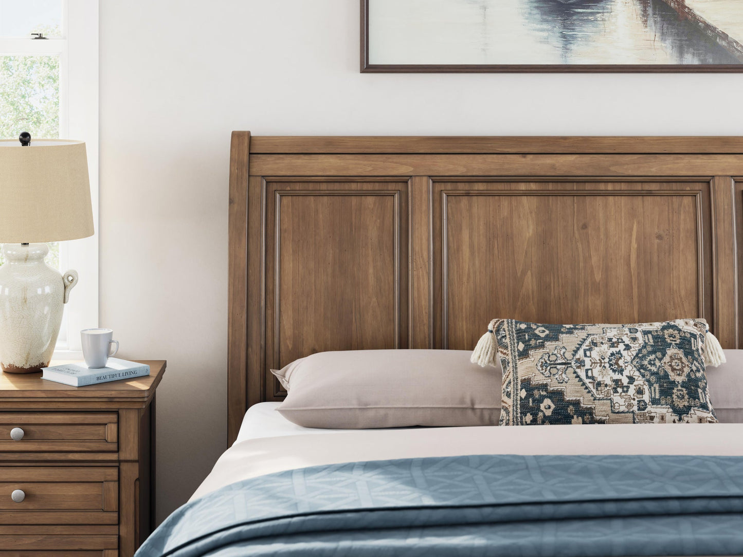 Vandenmore California King Storage Sleigh Bed with Mirrored Dresser, Chest and Nightstand
